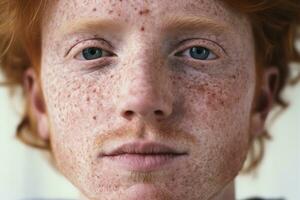 ai généré fermer de taches de rousseur homme à la recherche à caméra photo