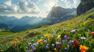 ai généré coloré Prairie avec fleurs sauvages et montagnes dans le Contexte photo