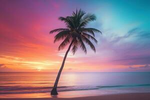 ai généré magnifique la nature tropical plage et mer avec noix de coco paume arbre à le coucher du soleil temps pour Voyage et vacances photo