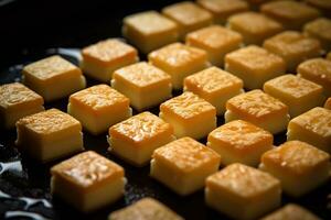 ai généré fermer de une assiette de Jaune fromage cubes. photo