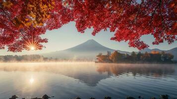 ai généré Fuji Montagne et Lac kawaguchiko dans l'automne saison, Japon photo