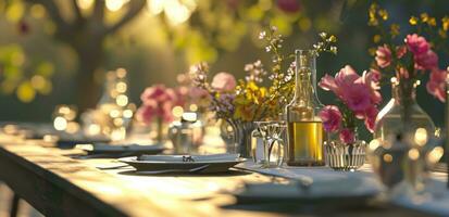 ai généré endroit cartes, vases, et assiettes sont mis près un Extérieur table photo