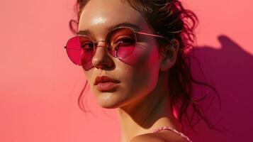 ai généré image de une femme avec rose des lunettes de soleil sur rose photo