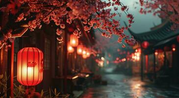 ai généré rouge lanterne pendaison de le rue à nuit photo