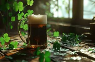 ai généré dans une verre lanceur, une trèfle Bière est séance suivant à une couple de trèfle feuilles photo