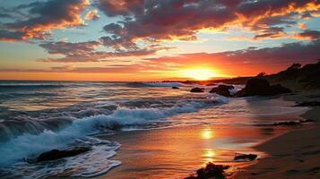 ai généré magnifique le coucher du soleil sur le plage. mer vagues et éclaboussures. photo