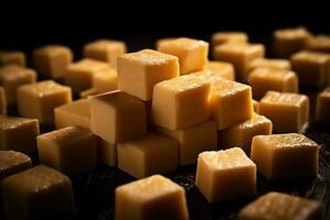 ai généré fermer de une assiette de Jaune fromage cubes. photo