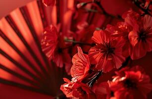 ai généré rouge papier ventilateur avec rouge fleurit, Pâques photo