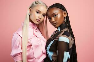 ai généré à la mode deux Jeune multiracial femmes posant ensemble isolé sur rose Contexte photo