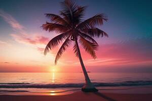 ai généré magnifique la nature tropical plage et mer avec noix de coco paume arbre à le coucher du soleil temps pour Voyage et vacances photo