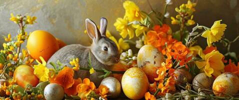 ai généré Pâques lapins parmi Orange et Jaune coloré des œufs et fleurs photo