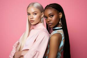 ai généré à la mode deux Jeune multiracial femmes posant ensemble isolé sur rose Contexte photo