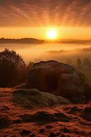 ai généré lever du soleil plus de une mégalithique tombeau photo