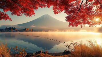 ai généré Fuji Montagne et Lac kawaguchiko dans l'automne saison, Japon photo