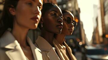 ai généré Trois affaires femmes posant dans un Urbain rue photo