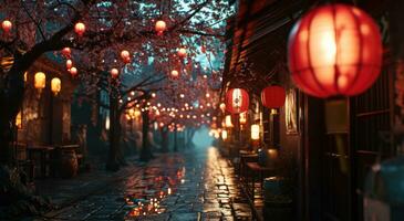 ai généré rouge lanterne pendaison de le rue à nuit photo