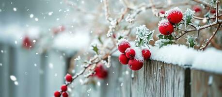 ai généré ornements et houx branches sur une en bois clôture avec neige et la glace photo