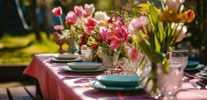 ai généré rose table chiffons avec tulipes sont sur une table à l'extérieur dans lumière du soleil photo