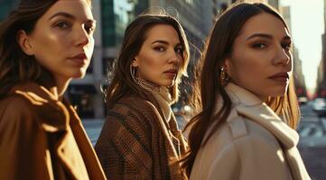 ai généré Trois brunette femmes posant dans le rue photo