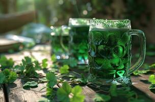 ai généré st patrick's jour, vert Bière sur le table photo