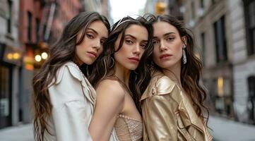 ai généré Trois brunette femmes posant dans le rue photo