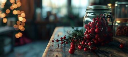 ai généré Noël baie dans une pot sur en bois table photo