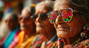 ai généré nombreuses plus âgée femmes portant coloré des lunettes de soleil et des lunettes de soleil photo