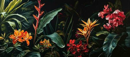 ai généré nombreuses floral les plantes sont montré sur une noir Contexte photo