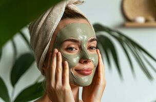 ai généré femme en mettant Naturel argile masque sur photo