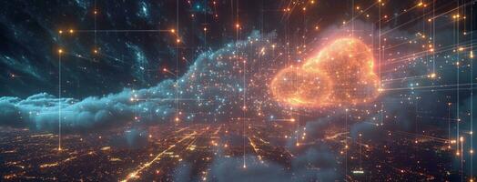 ai généré Urbain nuage avec lumières et électrique circuits, une futuriste concept photo