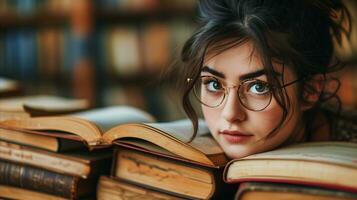 ai généré curieuse étudiant peering plus de pile de livres dans bibliothèque réglage photo