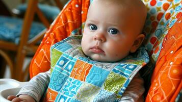 ai généré une bébé séance dans une à manger chaise en mangeant aliments. génératif ai photo