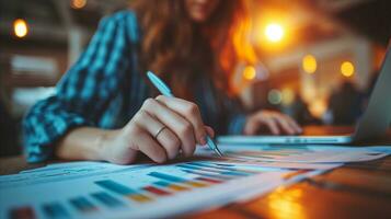 ai généré professionnel femme en cours d'analyse financier rapports à lieu de travail photo