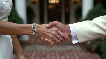 ai généré la mariée et jeune marié tremblement mains. photo