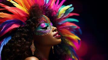 ai généré une étourdissant femme orné avec vibrant plumes et vibrant se maquiller. génératif ai photo