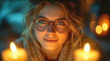 ai généré une femme portant des lunettes et une chandail détient bougies dans sa mains. photo