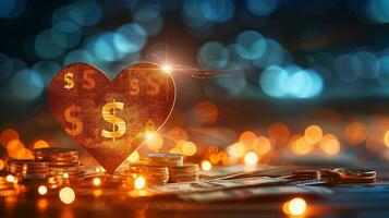 ai généré une en forme de coeur arrangement de argent et pièces de monnaie avec une dollar signe dans le Contexte. photo