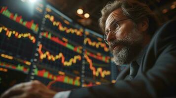 ai généré concentré homme d'affaire en cours d'analyse Stock marché graphiques sur grand afficher photo