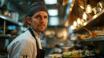 ai généré sur de soi Masculin chef dans professionnel cuisine avec bokeh lumières photo