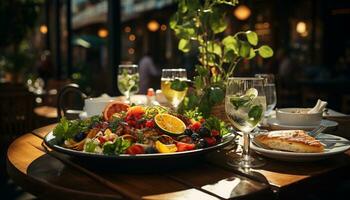 ai généré Frais salade, grillé Viande, et du vin sur Extérieur à manger table généré par ai photo