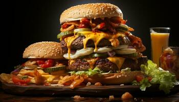 ai généré grillé du boeuf Burger avec fromage, tomate, et Frais des légumes généré par ai photo