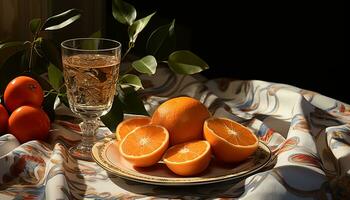 ai généré Frais Orange tranche sur en bois tableau, en bonne santé et rafraîchissant boisson généré par ai photo