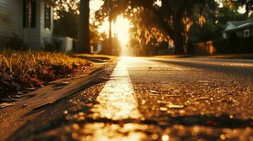 ai généré calme coup de un asphalte rue route à le coucher du soleil. génératif ai photo