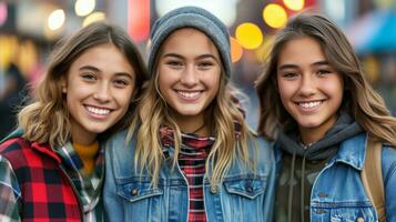 ai généré Trois souriant adolescent les filles copains pendaison en dehors dans le ville photo