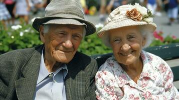 ai généré un aîné couple sont sur une parc banc. génératif ai photo