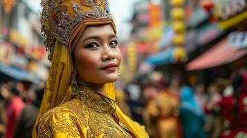 ai généré traditionnel indonésien femme dans élaborer foulard avec foule dans Contexte photo