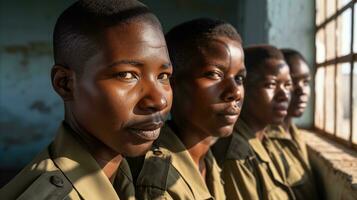 ai généré Trois Jeune Hommes dans uniforme Regardez à le la fenêtre. génératif ai photo