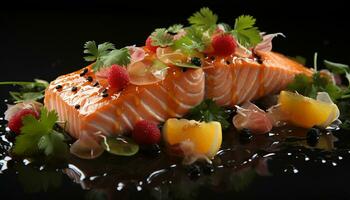 ai généré Frais Fruit de mer sashimis, en bonne santé salade, grillé steak sur assiette généré par ai photo
