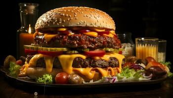 ai généré grillé cheeseburger avec tomate, oignon, et Frais salade sur chignon généré par ai photo