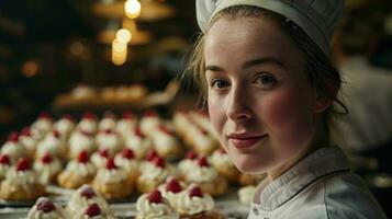 ai généré une femme dans une chef chapeau des stands avant une Pâtisserie afficher, mettant en valeur une variété de délectable des pâtisseries. génératif ai photo